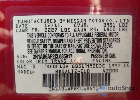 2012 Nissan Sentra 2.0 S z USA, uszkodzony, nr VIN 3N1AB6AP2CL685917